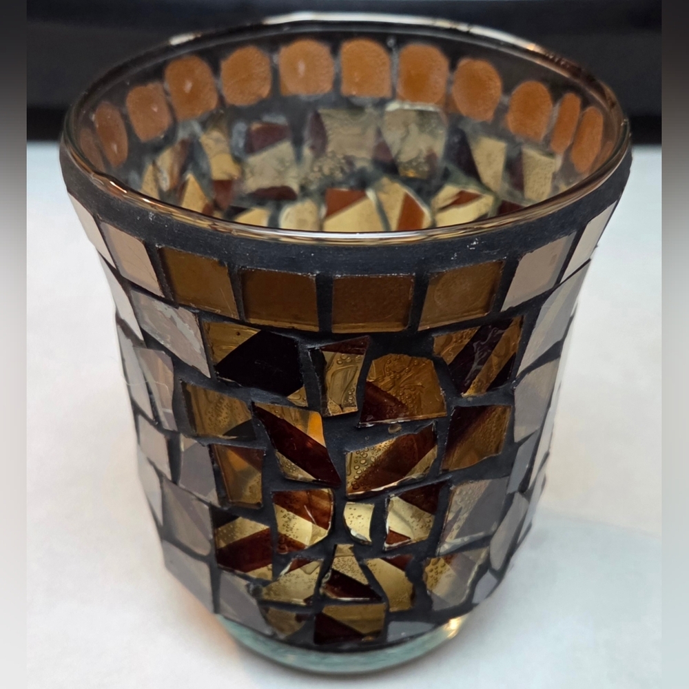 Vtg Brown Mosaic Tile Candle Holder Cup 4.5"